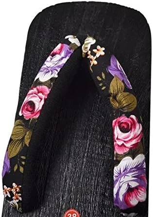 Loizziuy Floral Wooden Clogs Slippers Sandals Wooden Clogs Women's Height-Increasing Slippers Original Japanese Summer Wooden Geta Flip-Flops Cosplay Sandals White Wood Color