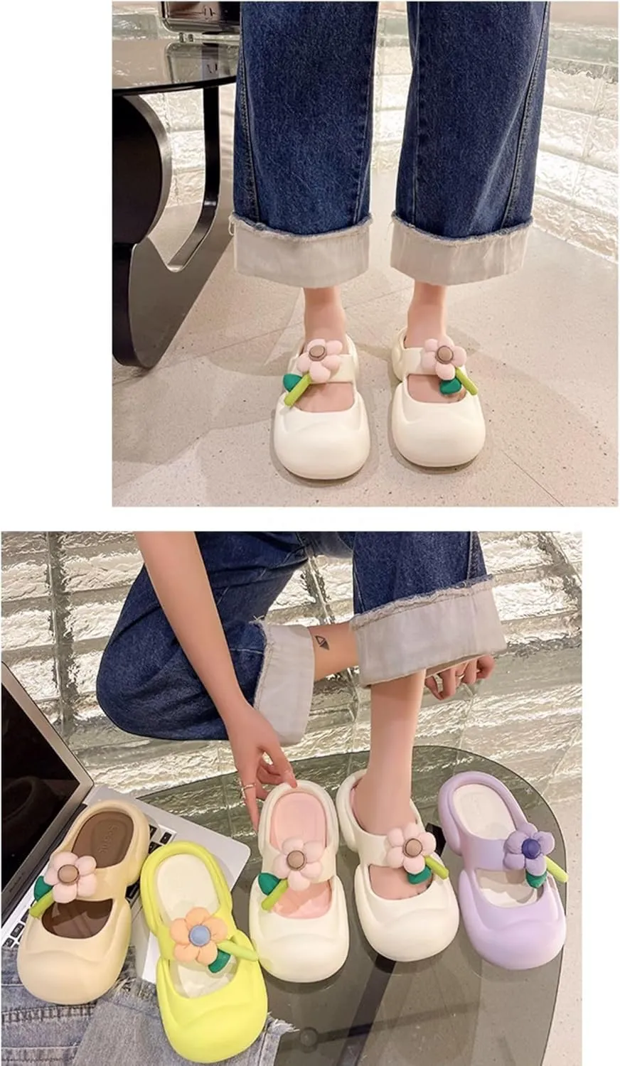 Loizziuy Women's Summer Floral Round-Toe Slip-On Sandals with Kawaii Flower Detail Thick Sole Boho Fairy Indoor Outdoor Slippers