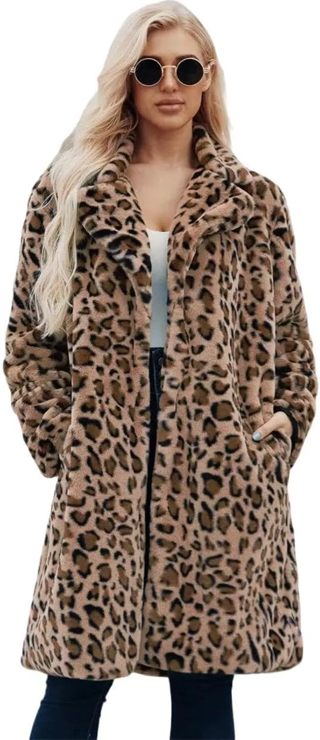 Long leopard suit collar faux fur coat women's casual coat autumn and winter new.