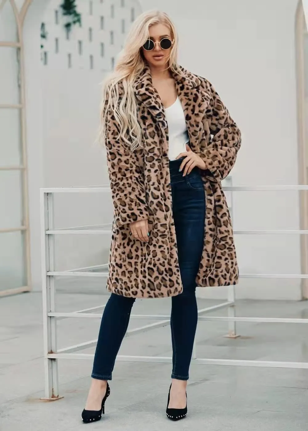 Long leopard suit collar faux fur coat women's casual coat autumn and winter new.