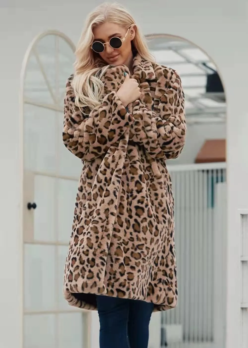 Long leopard suit collar faux fur coat women's casual coat autumn and winter new.
