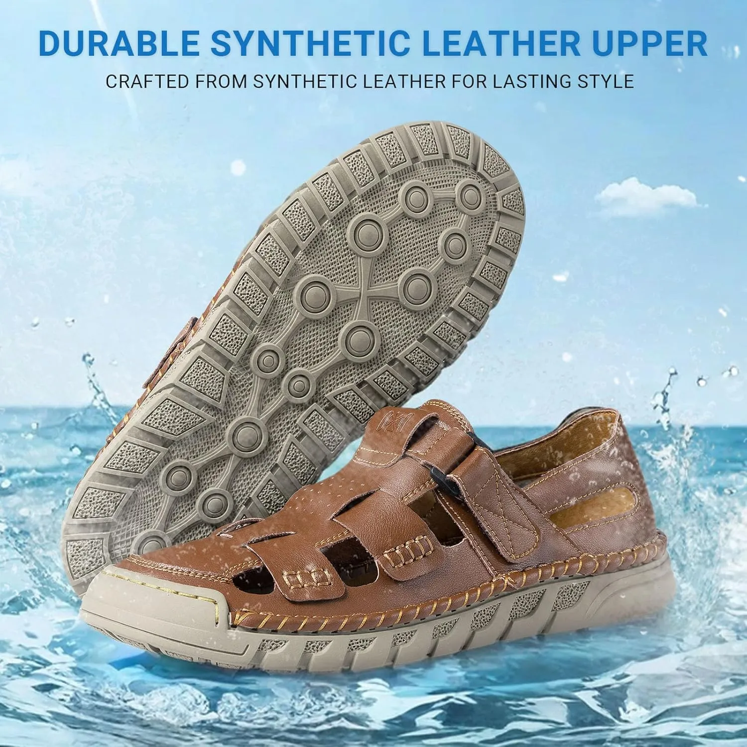 MAIZUN Men's Leather Sandals Summer Closed Toe Sandal Outdoor Fisherman Beach Shoes Hiking Walking Shoes for Adjustable Breathable