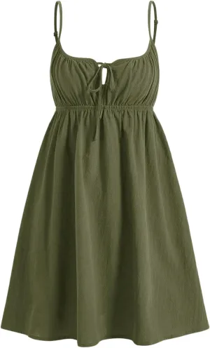 MakeMeChic Women's Casual Tie Front Spaghetti Strap Sleeveless High Waist Summer A Line Mini Dresses