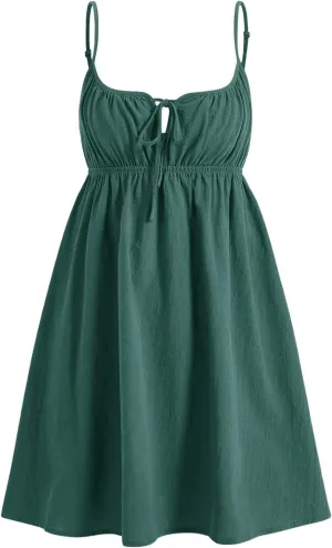 MakeMeChic Women's Casual Tie Front Spaghetti Strap Sleeveless High Waist Summer A Line Mini Dresses
