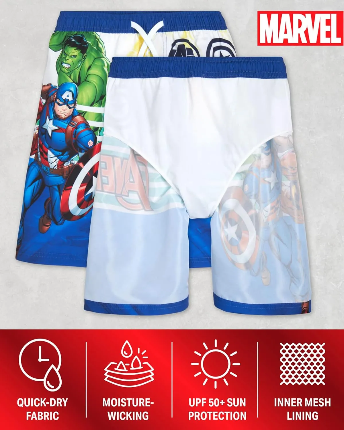 Marvel Boys Swim Trunks - Avengers Spiderman Captain America Hulk Iron Man Black Panther UPF 50  Quick Dry Boys Swim Shorts
