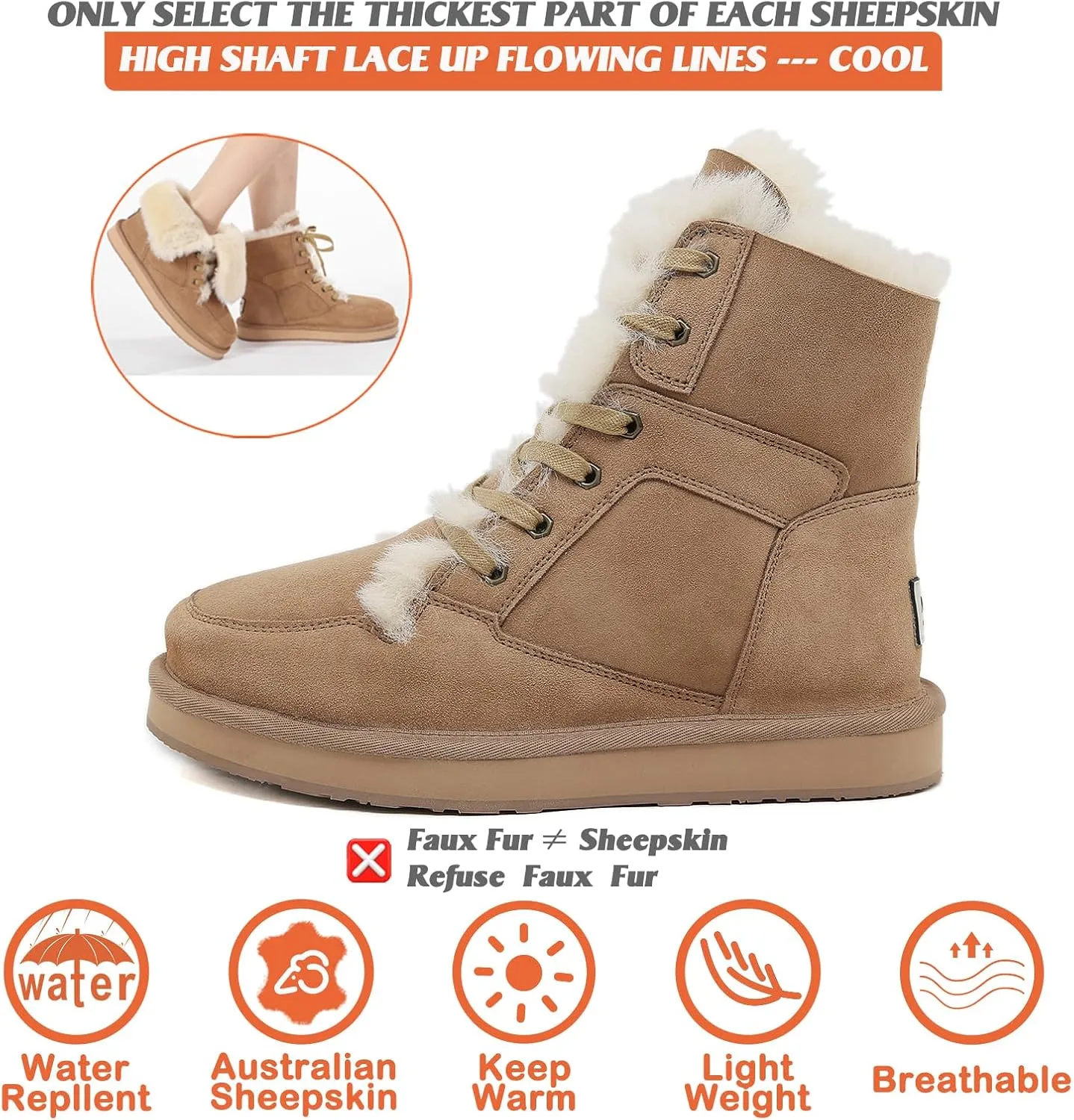 Mel&Syd 100% Sheepskin Snow Boots for Womens Mens Waterproof Mid Calf Flat Slip On Combat Boots Wool Shearling Leather Classic Lace up/Hook Adjustable Buckle Fur Boots Winter Shoes Booties