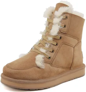 Mel&Syd 100% Sheepskin Snow Boots for Womens Mens Waterproof Mid Calf Flat Slip On Combat Boots Wool Shearling Leather Classic Lace up/Hook Adjustable Buckle Fur Boots Winter Shoes Booties