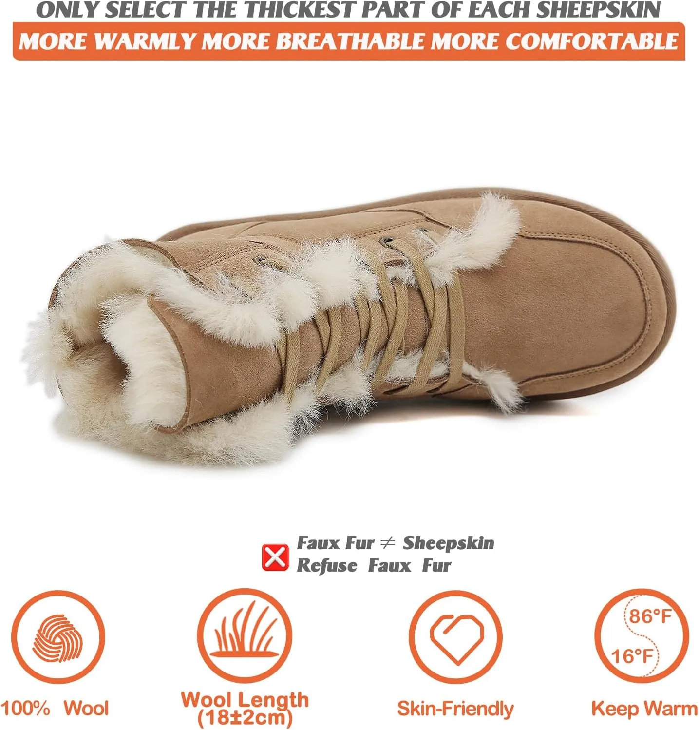 Mel&Syd 100% Sheepskin Snow Boots for Womens Mens Waterproof Mid Calf Flat Slip On Combat Boots Wool Shearling Leather Classic Lace up/Hook Adjustable Buckle Fur Boots Winter Shoes Booties
