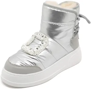 Mel&Syd Womens Waterproof Winter Snow Boots 100% Australian Sheepskin Inner Warmth Comfy Wool Fur Insulated Shell Anti-slip Lace Up Lightweight Elastic Platform Boots With Big Square Diamond