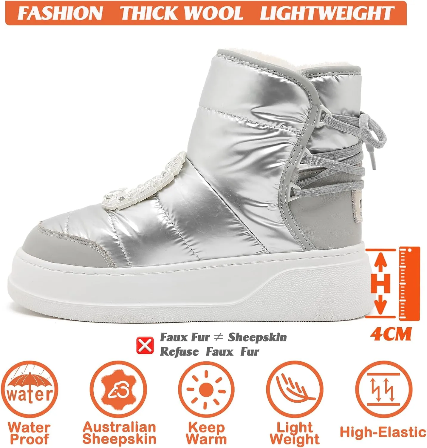 Mel&Syd Womens Waterproof Winter Snow Boots 100% Australian Sheepskin Inner Warmth Comfy Wool Fur Insulated Shell Anti-slip Lace Up Lightweight Elastic Platform Boots With Big Square Diamond