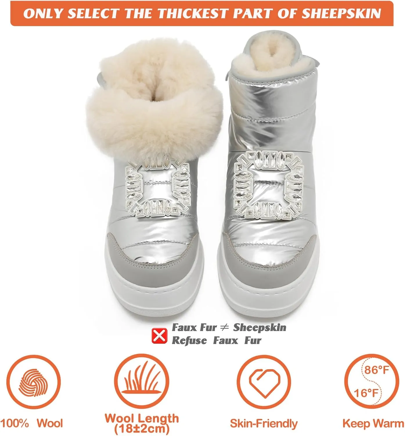 Mel&Syd Womens Waterproof Winter Snow Boots 100% Australian Sheepskin Inner Warmth Comfy Wool Fur Insulated Shell Anti-slip Lace Up Lightweight Elastic Platform Boots With Big Square Diamond
