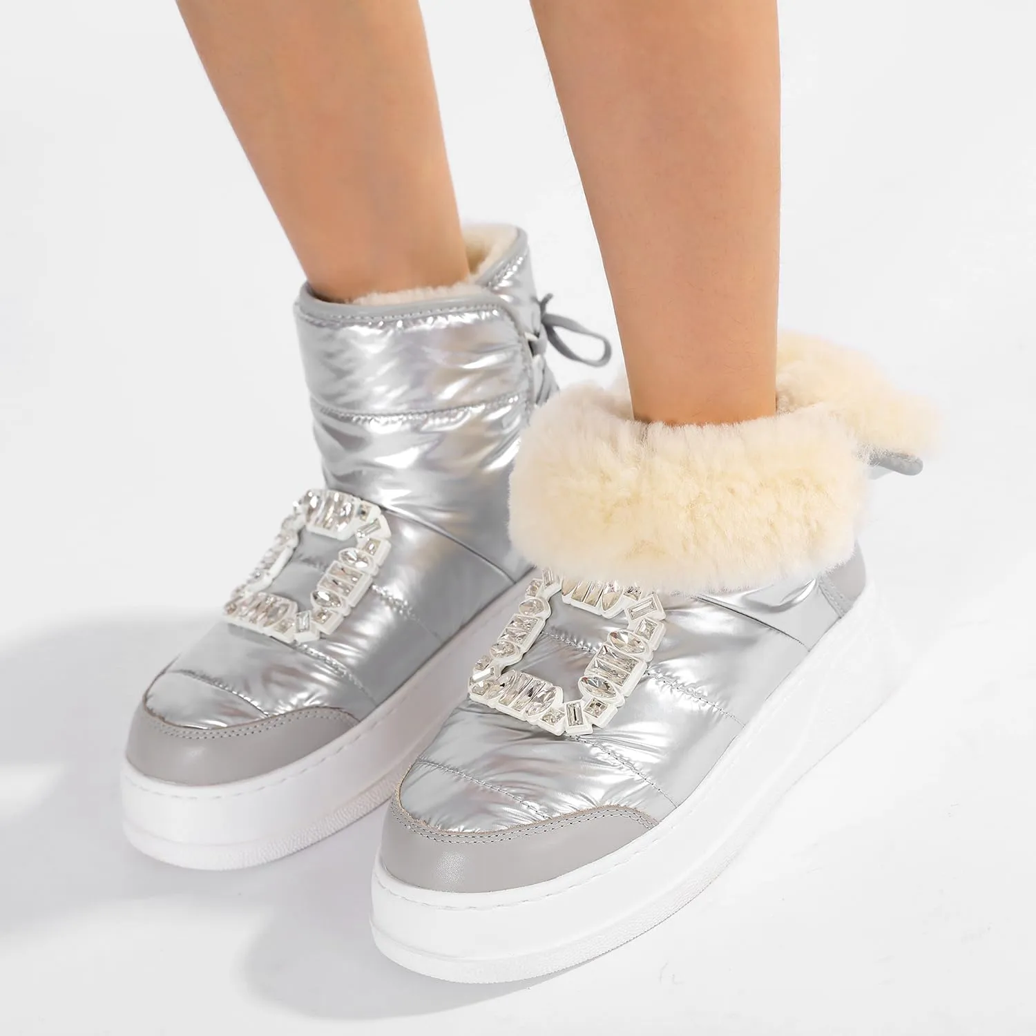 Mel&Syd Womens Waterproof Winter Snow Boots 100% Australian Sheepskin Inner Warmth Comfy Wool Fur Insulated Shell Anti-slip Lace Up Lightweight Elastic Platform Boots With Big Square Diamond