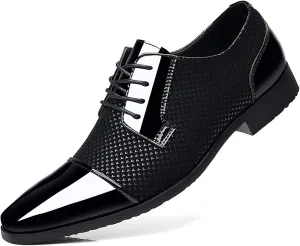 Men Patent Leather Tuxedo Shoes Cap Toe Lace-up Formal Casual Oxfords Shoes Breathable Business Wedding Dress Shoes Black