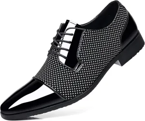 Men Patent Leather Tuxedo Shoes Cap Toe Lace-up Formal Casual Oxfords Shoes Breathable Business Wedding Dress Shoes Grey