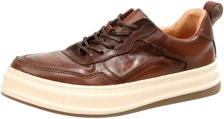 Men's Casual Sneakers Casual Leather Shoes Thick-Soled Comfortable Shoes Round Toe Non-Slip Rubber Soft Sole Lace-ups Breathable Durability Driving Shoes(White-Patch Five-Pointed star4,10.5)
