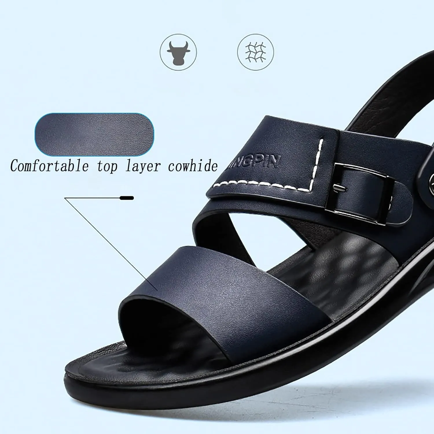 Men's Leather Open Toe Beach Slippers, Summer Casual Concave and Convex Anti-skid Texture Walking Sandals, Outdoor Cowhide Flat Sandals