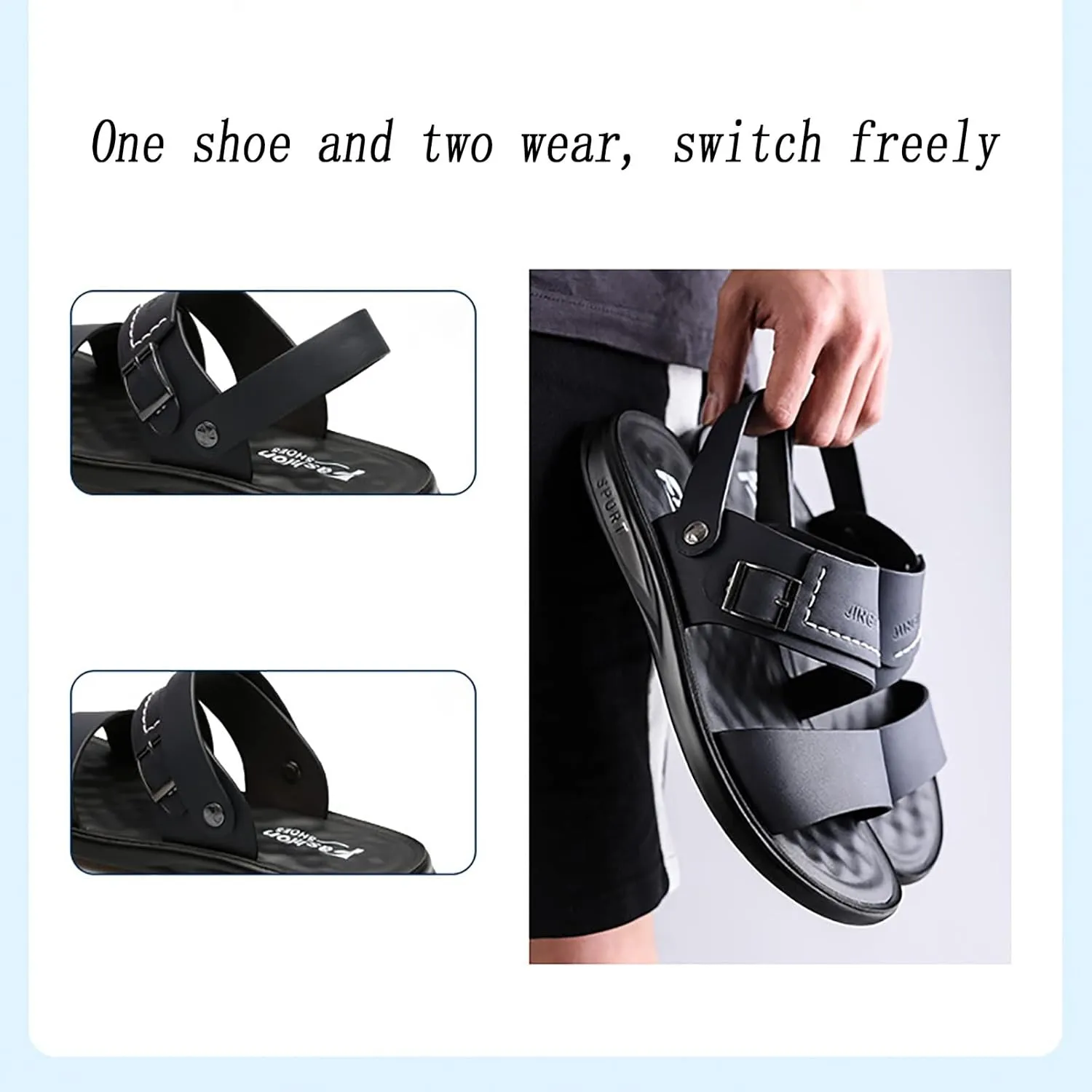Men's Leather Open Toe Beach Slippers, Summer Casual Concave and Convex Anti-skid Texture Walking Sandals, Outdoor Cowhide Flat Sandals