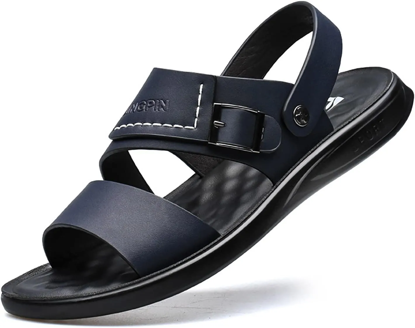 Men's Leather Open Toe Beach Slippers, Summer Casual Concave and Convex Anti-skid Texture Walking Sandals, Outdoor Cowhide Flat Sandals