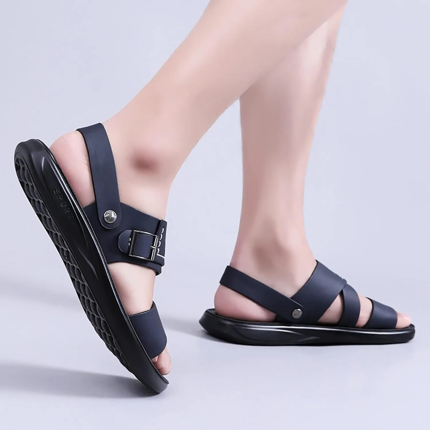 Men's Leather Open Toe Beach Slippers, Summer Casual Concave and Convex Anti-skid Texture Walking Sandals, Outdoor Cowhide Flat Sandals