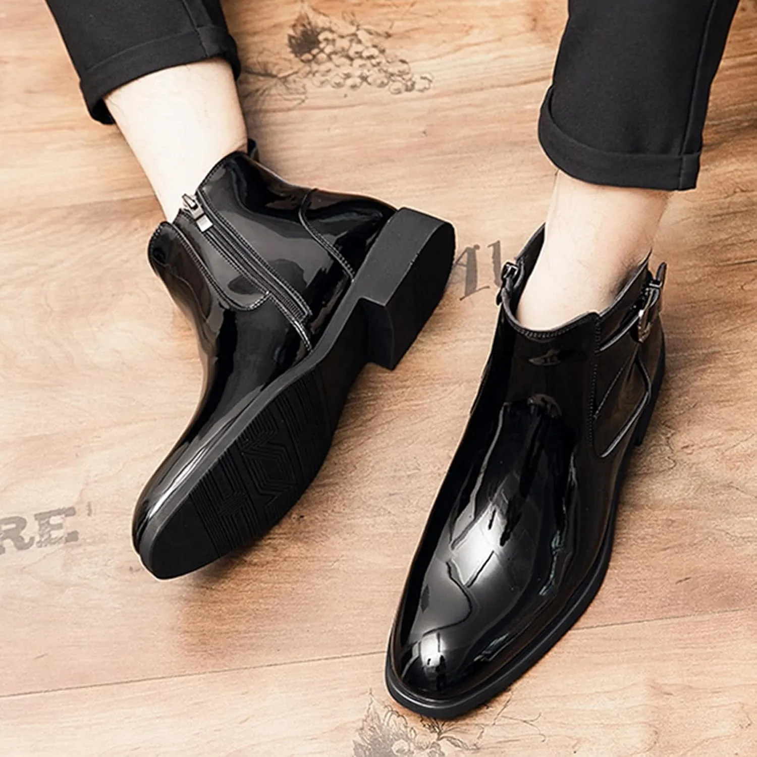 Men's Patent Leather Low Heel Dress Chelsea Boots with Side Zipper Pointed Toe Warm Fur Lined Non Slip Casual Booties Fashion Buckle Work Business Prom Ankle Boots