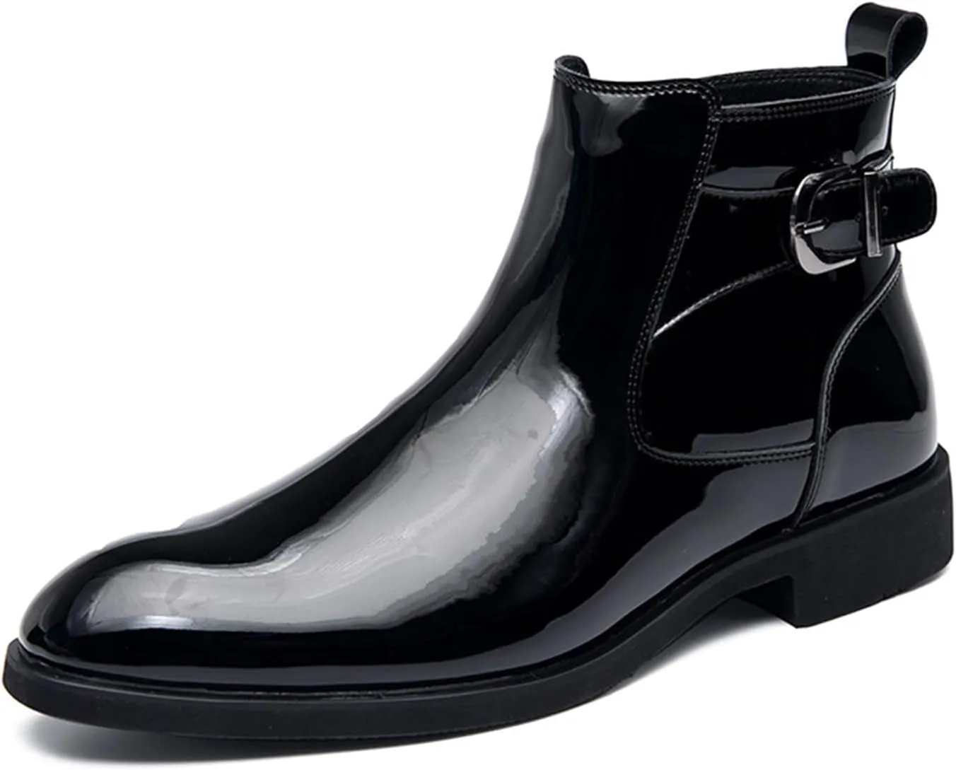 Men's Patent Leather Low Heel Dress Chelsea Boots with Side Zipper Pointed Toe Warm Fur Lined Non Slip Casual Booties Fashion Buckle Work Business Prom Ankle Boots