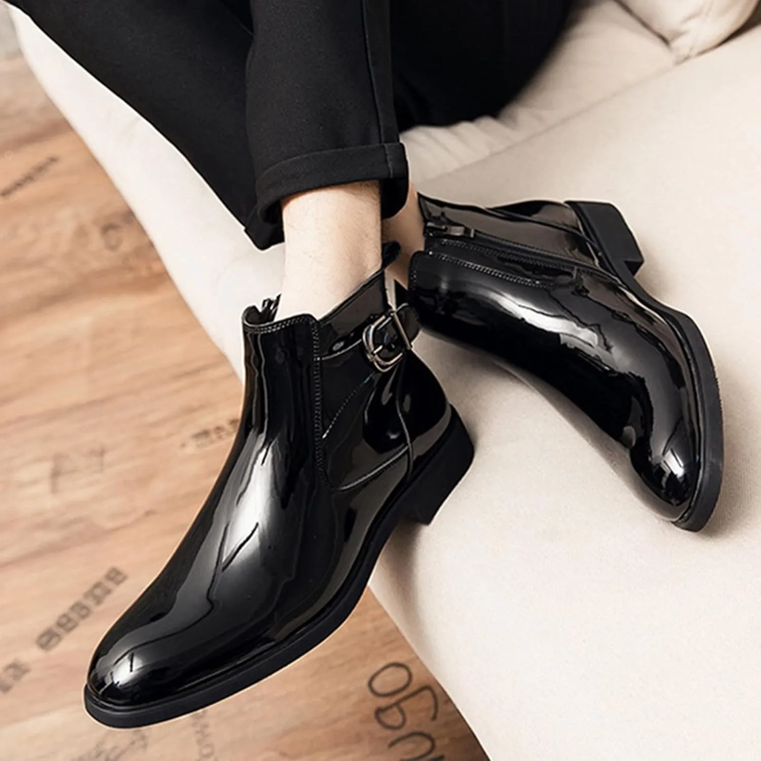 Men's Patent Leather Low Heel Dress Chelsea Boots with Side Zipper Pointed Toe Warm Fur Lined Non Slip Casual Booties Fashion Buckle Work Business Prom Ankle Boots
