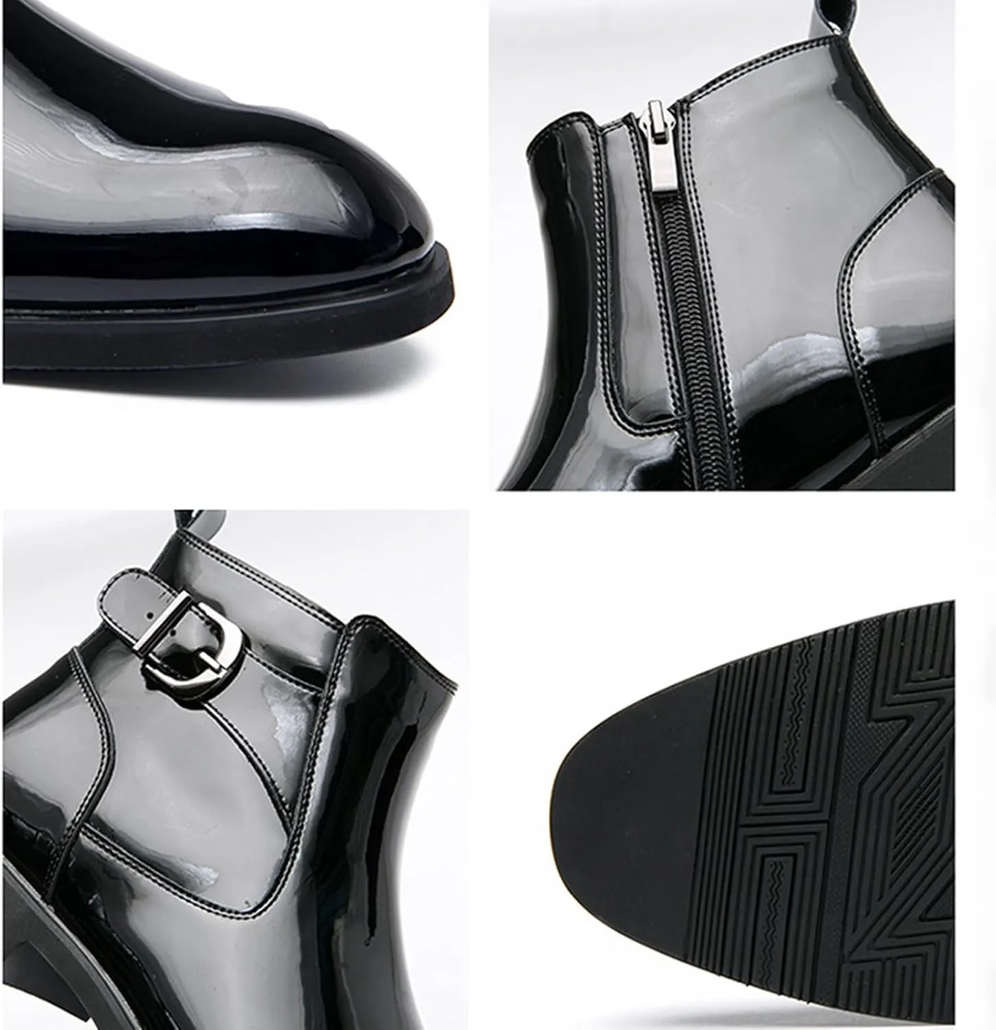 Men's Patent Leather Low Heel Dress Chelsea Boots with Side Zipper Pointed Toe Warm Fur Lined Non Slip Casual Booties Fashion Buckle Work Business Prom Ankle Boots