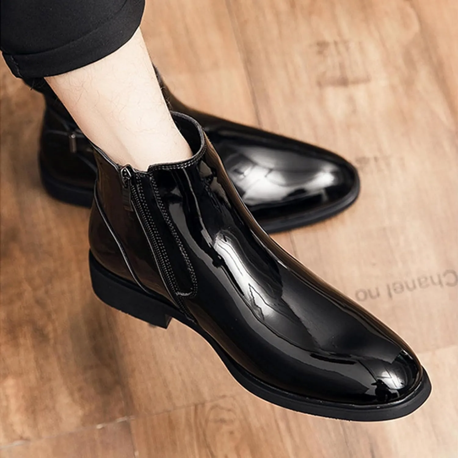 Men's Patent Leather Low Heel Dress Chelsea Boots with Side Zipper Pointed Toe Warm Fur Lined Non Slip Casual Booties Fashion Buckle Work Business Prom Ankle Boots