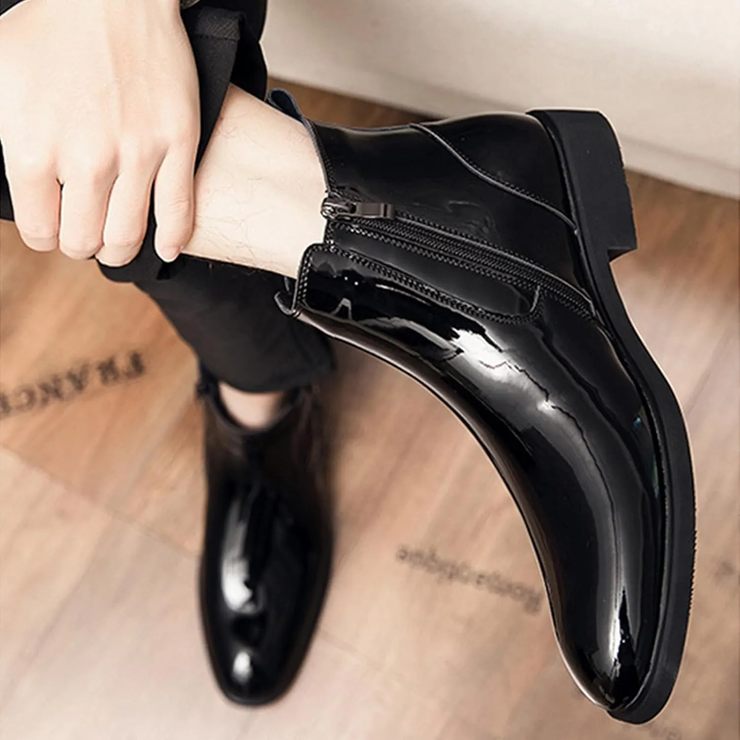Men's Patent Leather Low Heel Dress Chelsea Boots with Side Zipper Pointed Toe Warm Fur Lined Non Slip Casual Booties Fashion Buckle Work Business Prom Ankle Boots
