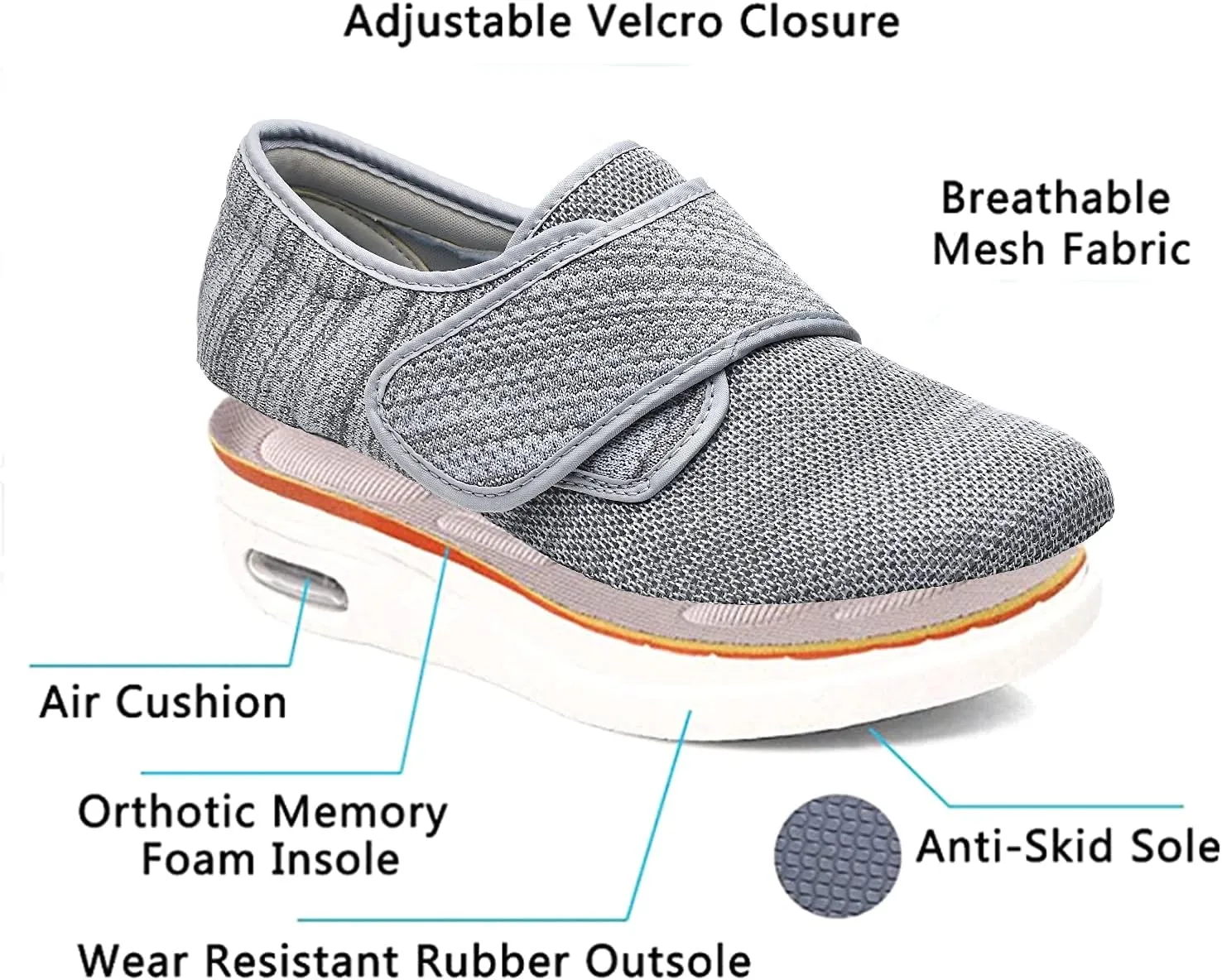 Mens Wide Width Diabetic Shoes - Adjustable Closure Slip-On Sneakers for Swollen Feet - Lightweight Breathable Orthopedic Shoes for Diabetes, Edema, Plantar Fasciitis, Bunions & Arthritis