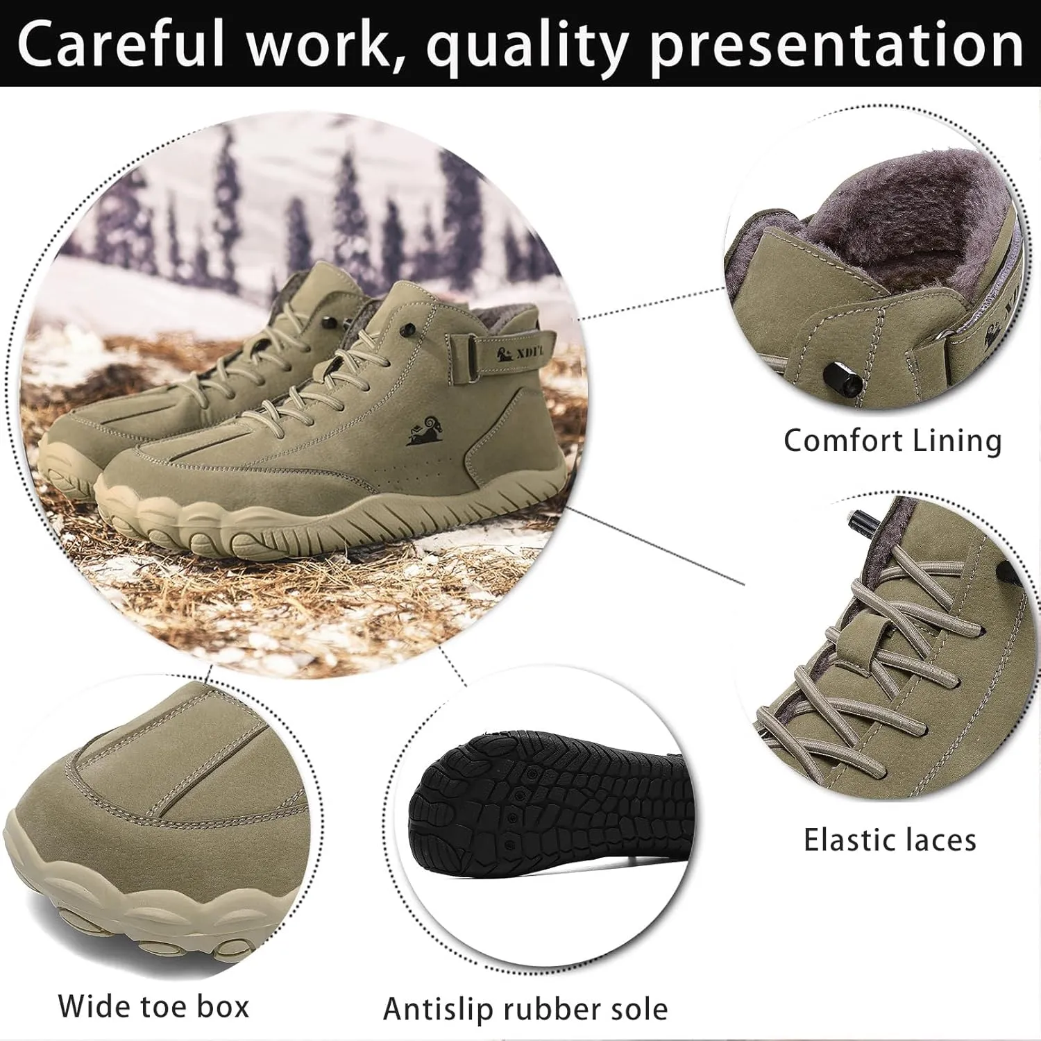 Men's Winter Wide Toe Barefoot Warm Boots Fur Lined Drop Zero Sole Waterproof Non-Slip Walking Snow Boots for Cold Weather Comfy Winter Booties Sneakers