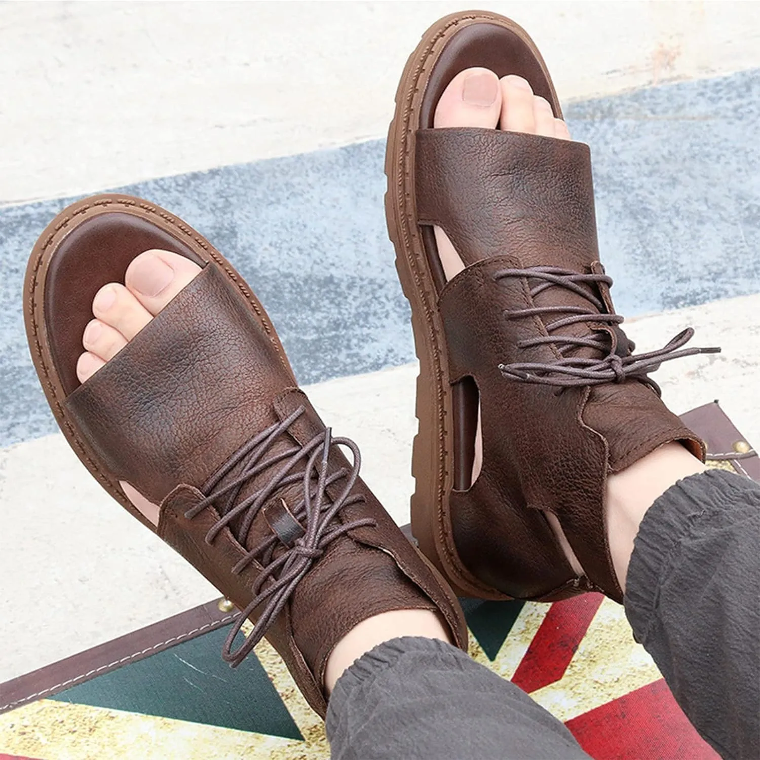 MILDSEVEN Summer High-Top Men's Roman Sandals, Tide British Leather Fisherman Shoes, All-Match Casual Gentleman Beach Shoes