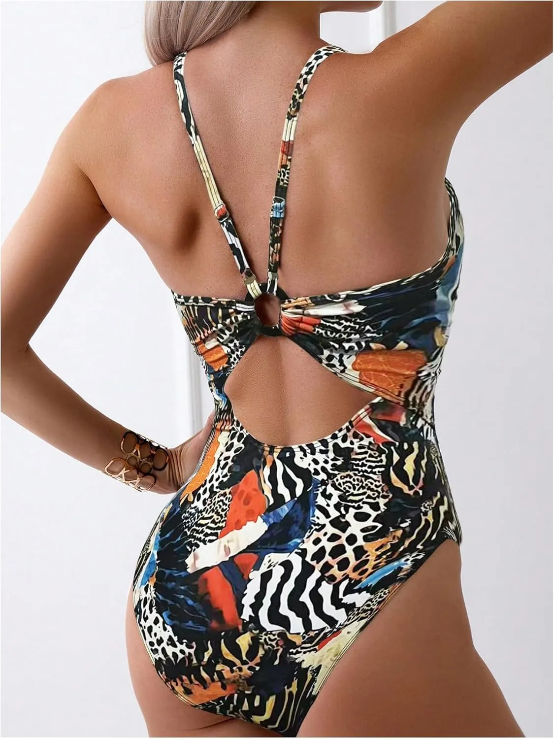 Milumia Women's Boho All Over Print One Piece Swimsuit Cutout Back Swimwear