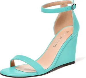 MODENCOCO Womens Matte Comfortable Ankle Strap Buckle Round Toe Casual Bridal Wedge High Heel Heeled Sandals 3.3 Inch