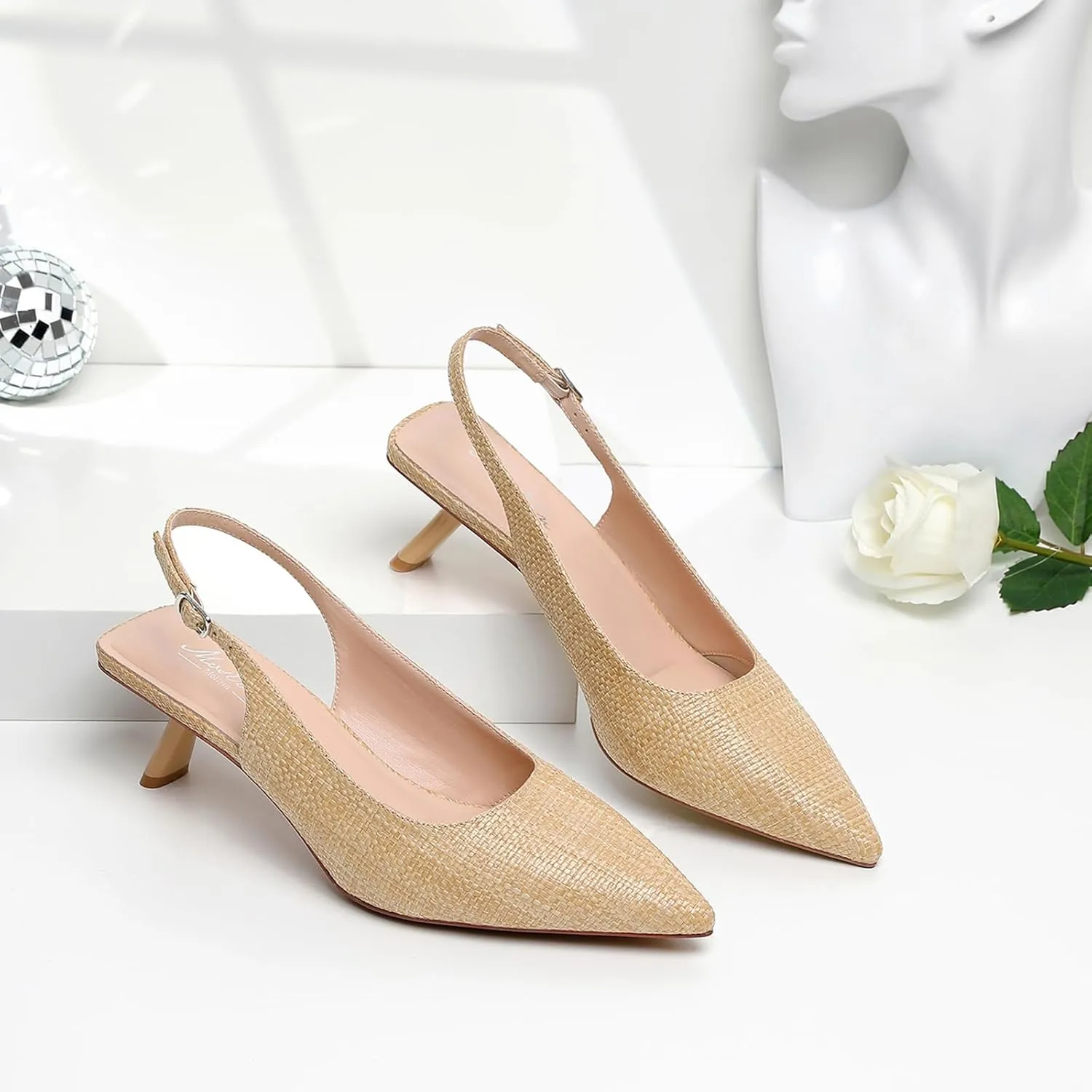 Mostrin Kitten Heels for Women Pointed Toe Pumps Patent Leather Low Heel Slingback Heels with Buckle Dress Shoes for Dating Party Working