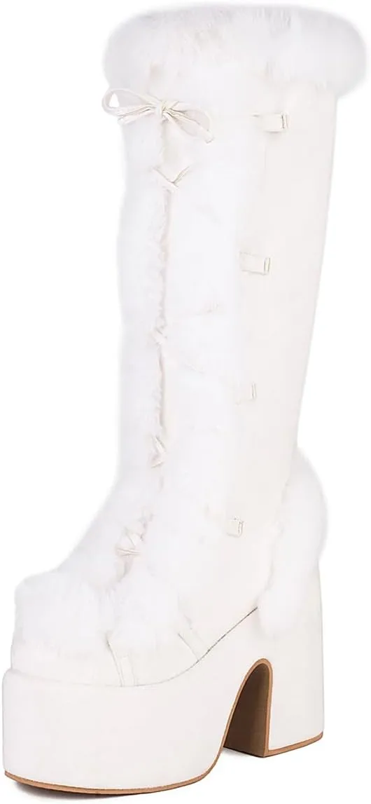 MRKEWUNEY Sweet Women's Faux Fur Lined Winter Snow Knee High Boots Platform Heel Christmas Boots