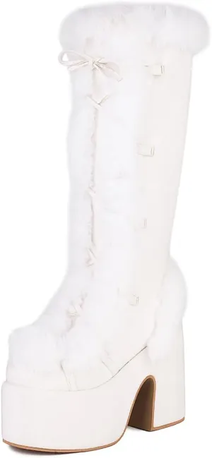 MRKEWUNEY Sweet Women's Faux Fur Lined Winter Snow Knee High Boots Platform Heel Christmas Boots