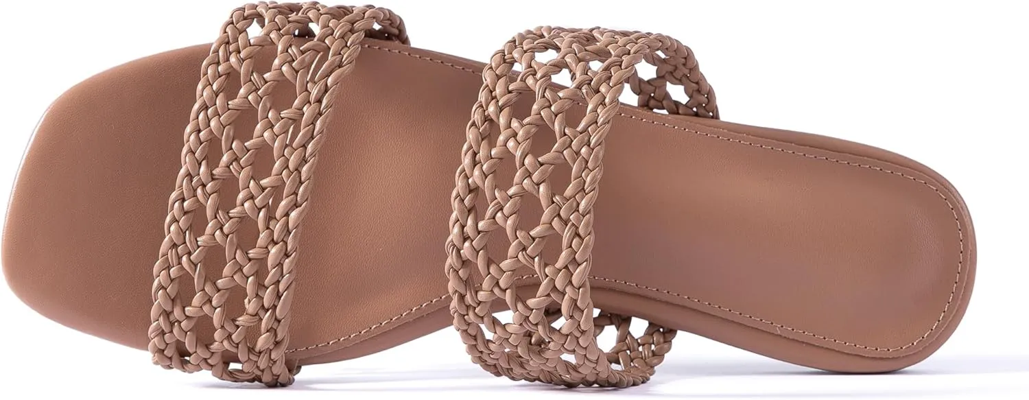 Mtzyoa Women's Sandals Casual Braided Dressy Summer Square Toe Quilted Flat Sandals