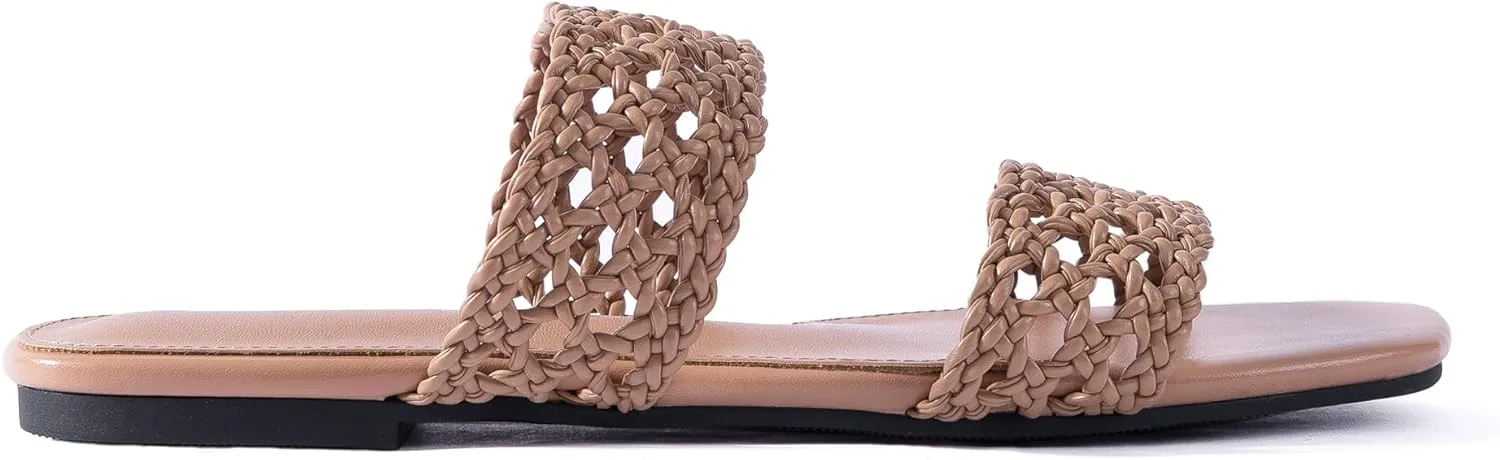 Mtzyoa Women's Sandals Casual Braided Dressy Summer Square Toe Quilted Flat Sandals