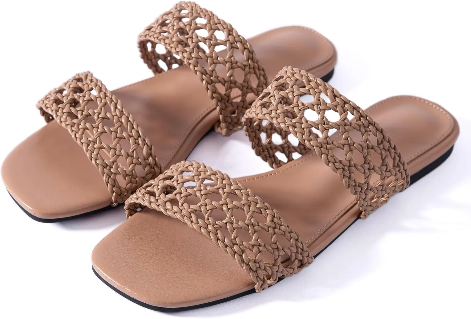 Mtzyoa Women's Sandals Casual Braided Dressy Summer Square Toe Quilted Flat Sandals