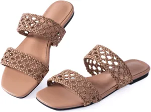 Mtzyoa Women's Sandals Casual Braided Dressy Summer Square Toe Quilted Flat Sandals