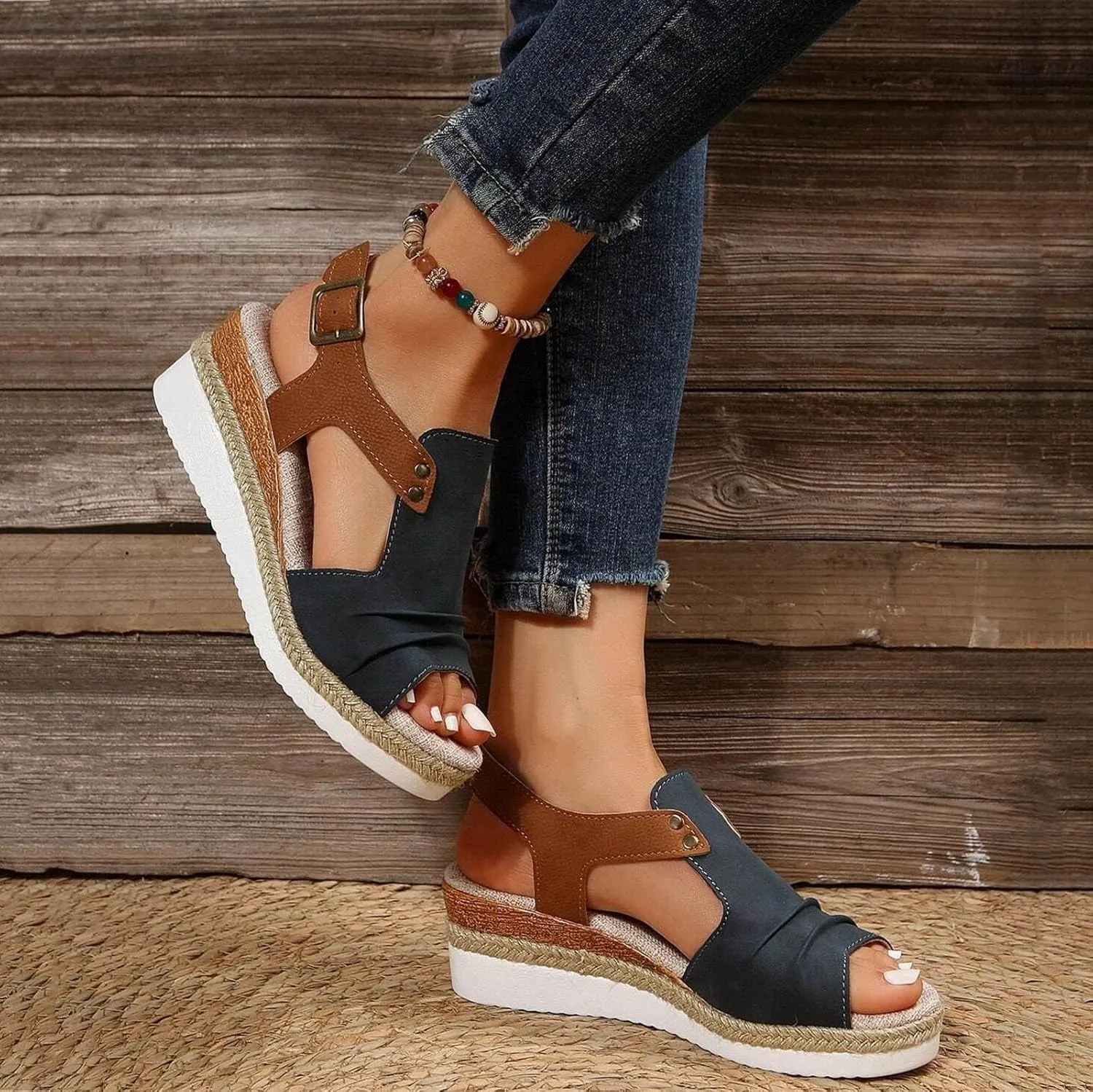 Navy Blue Orthopedic Wedge Sandals for Women 2025 Summer Dressy Flat Open Toe Ankle Strap Espadrilles Sandals Boho Comfortable Casual Strappy Slip on Wedges Shoes