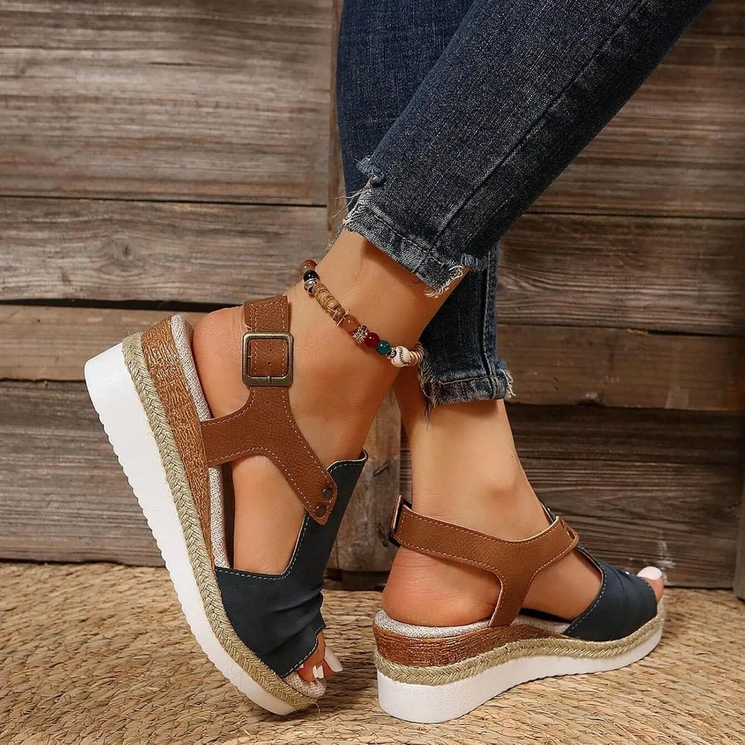 Navy Blue Orthopedic Wedge Sandals for Women 2025 Summer Dressy Flat Open Toe Ankle Strap Espadrilles Sandals Boho Comfortable Casual Strappy Slip on Wedges Shoes