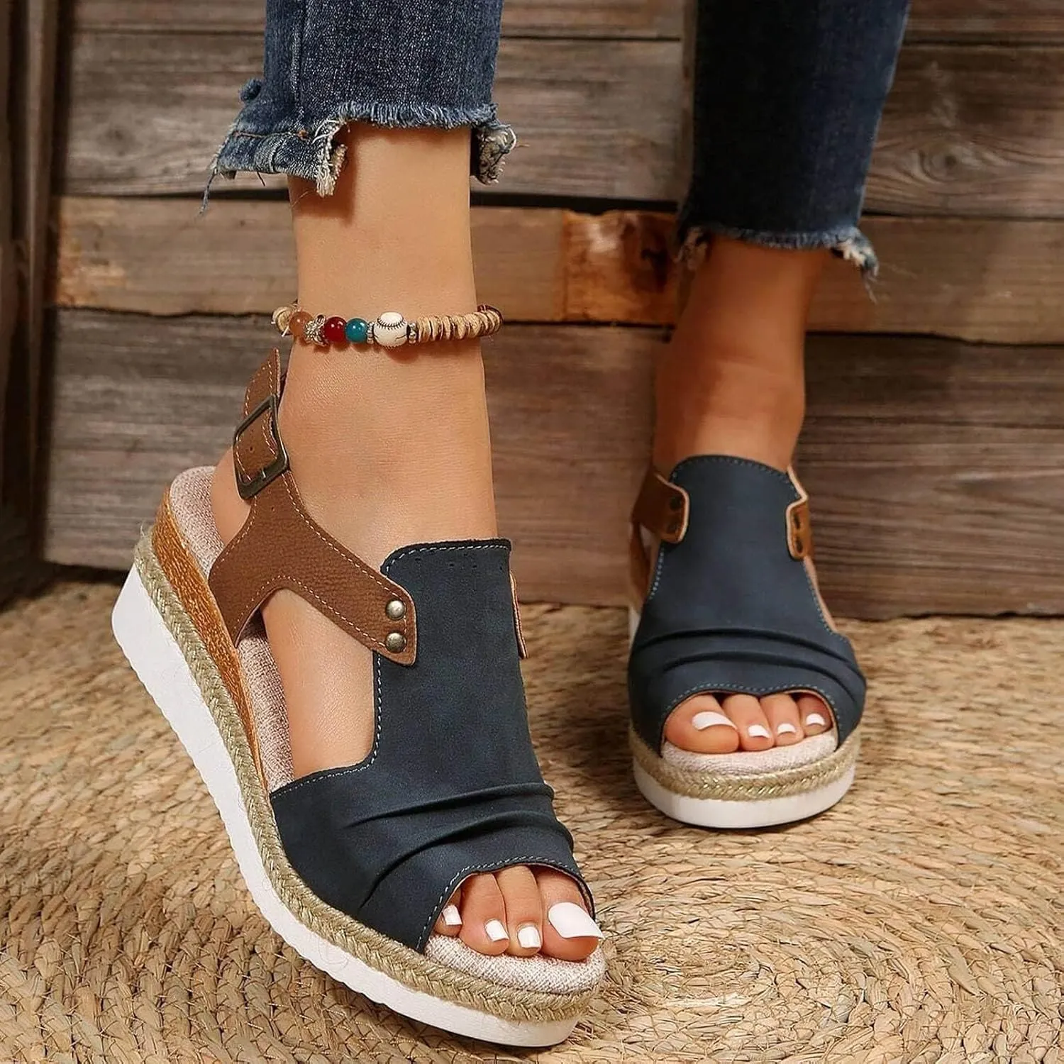 Navy Blue Orthopedic Wedge Sandals for Women 2025 Summer Dressy Flat Open Toe Ankle Strap Espadrilles Sandals Boho Comfortable Casual Strappy Slip on Wedges Shoes