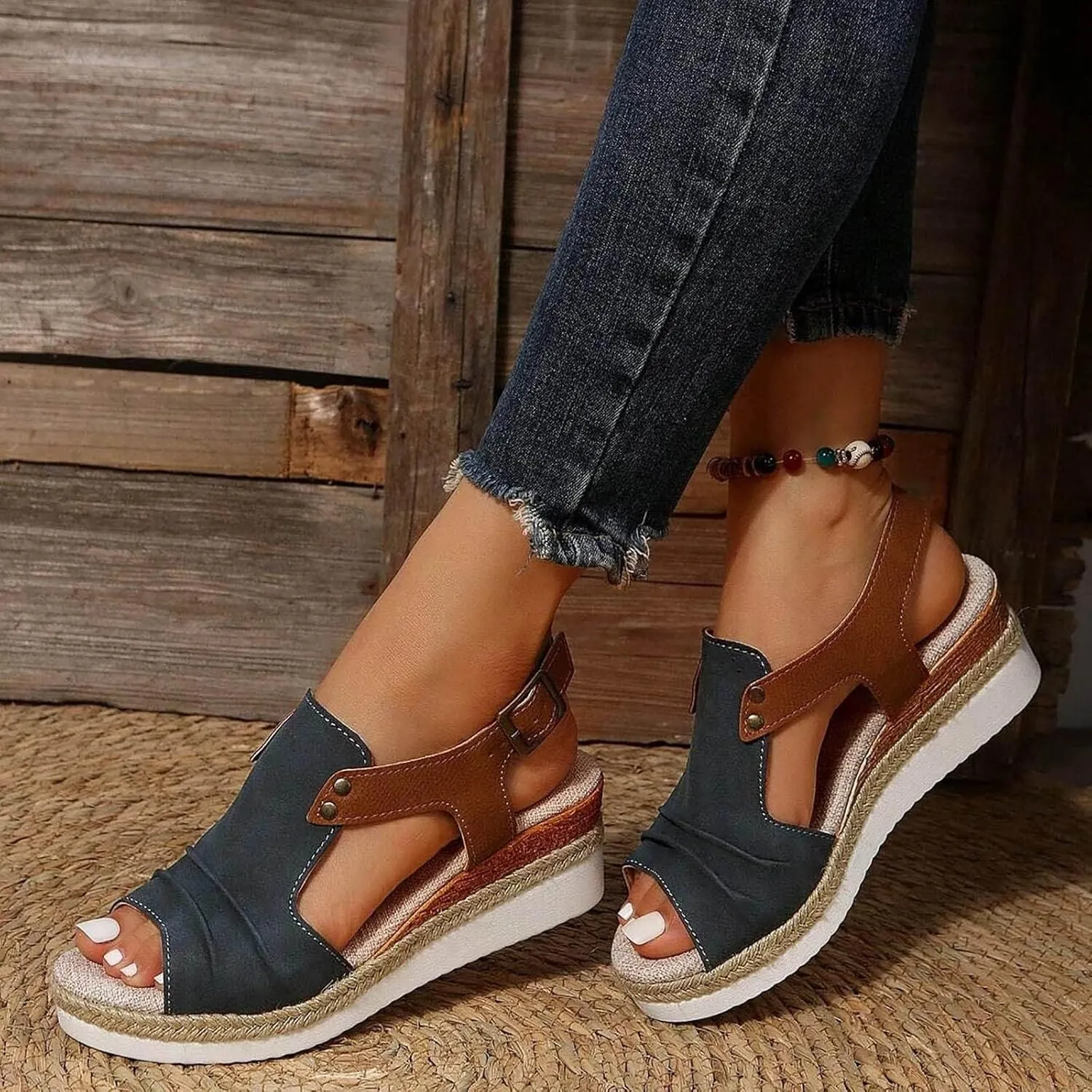 Navy Blue Orthopedic Wedge Sandals for Women 2025 Summer Dressy Flat Open Toe Ankle Strap Espadrilles Sandals Boho Comfortable Casual Strappy Slip on Wedges Shoes