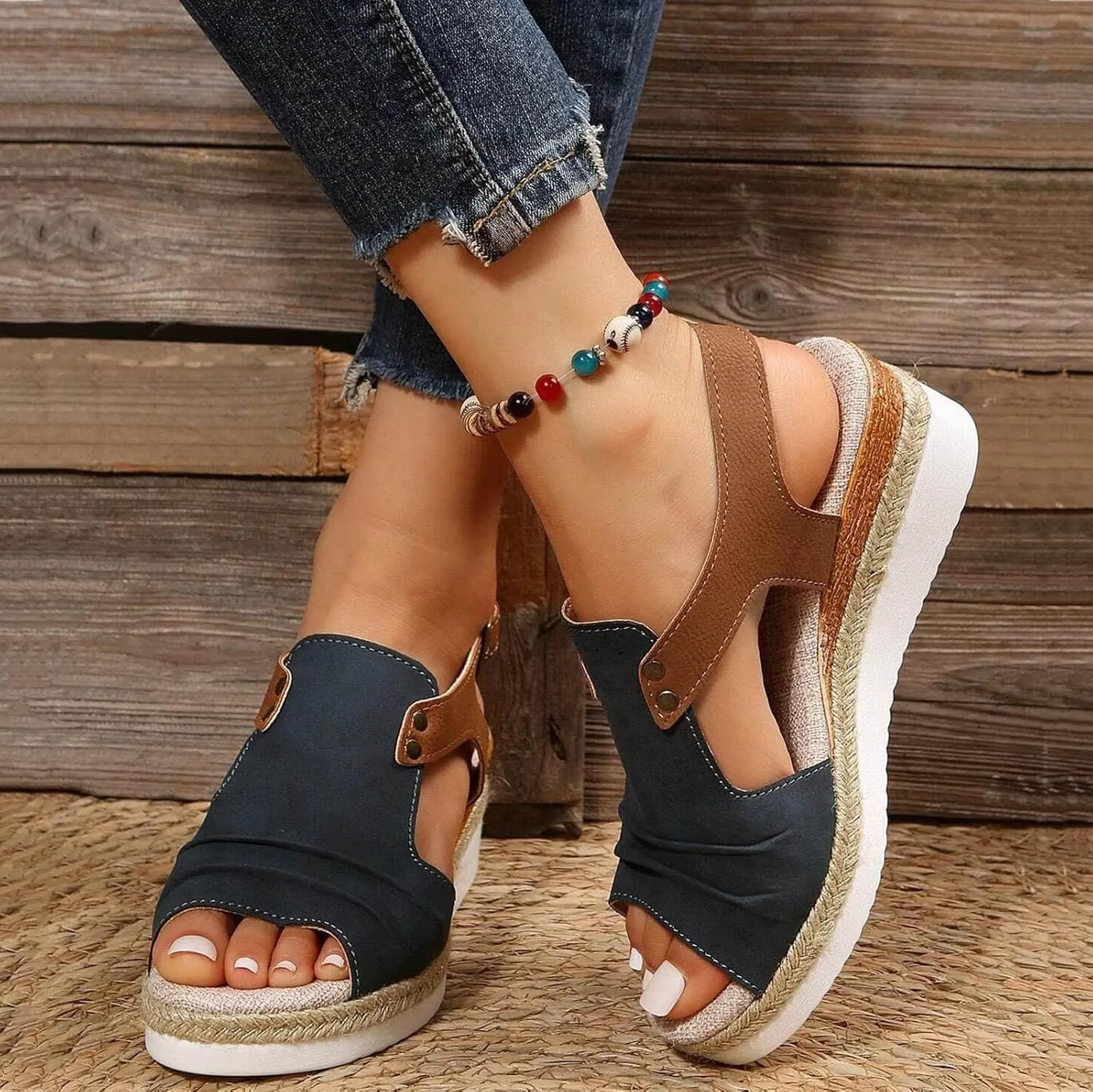 Navy Blue Orthopedic Wedge Sandals for Women 2025 Summer Dressy Flat Open Toe Ankle Strap Espadrilles Sandals Boho Comfortable Casual Strappy Slip on Wedges Shoes