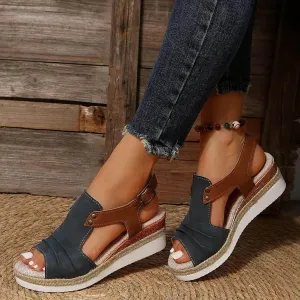 Navy Blue Orthopedic Wedge Sandals for Women 2025 Summer Dressy Flat Open Toe Ankle Strap Espadrilles Sandals Boho Comfortable Casual Strappy Slip on Wedges Shoes