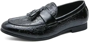 New Loafers for Men Burnished Toe Crocodile Print with Tassel Vegan Leather Anti-Slip Flat Heel Comfortable Outdoor Party Slip-ons