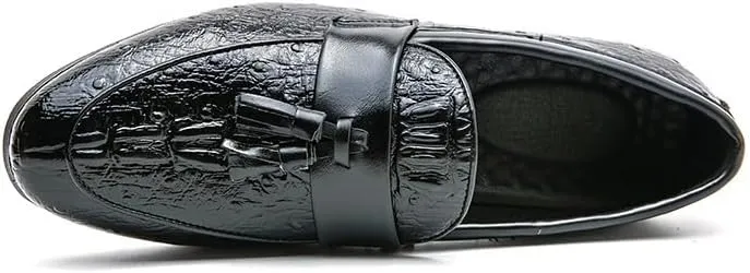 New Loafers for Men Burnished Toe Crocodile Print with Tassel Vegan Leather Anti-Slip Flat Heel Comfortable Outdoor Party Slip-ons