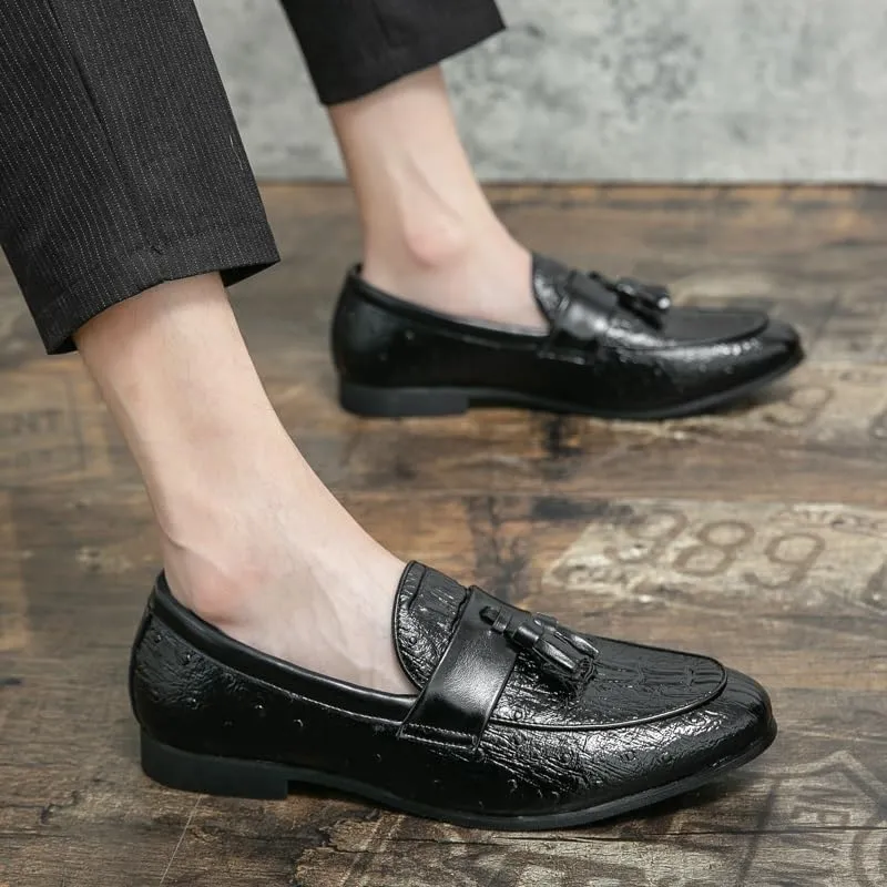 New Loafers for Men Burnished Toe Crocodile Print with Tassel Vegan Leather Anti-Slip Flat Heel Comfortable Outdoor Party Slip-ons